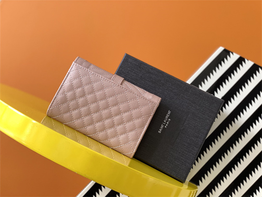 Y.S.L SMALL ENVELOPE WALLET IN MIX MATELASS?? GRAIN DE POUDRE EMBOSSED LEATHER Pink Color Gold Tone Metal