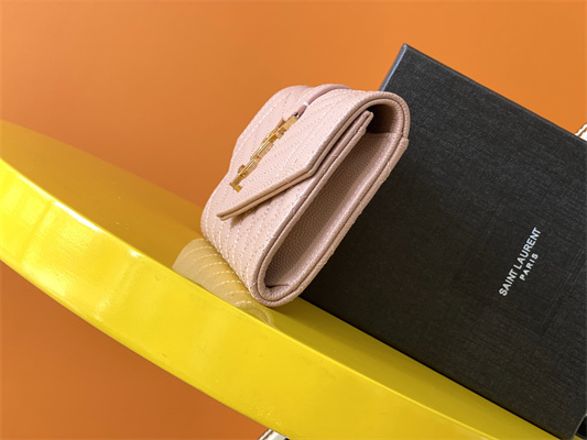 Y.S.L SMALL ENVELOPE WALLET IN MIX MATELASS?? GRAIN DE POUDRE EMBOSSED LEATHER Pink Color Gold Tone Metal