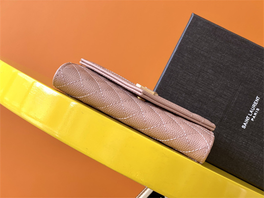 Y.S.L SMALL ENVELOPE WALLET IN MIX MATELASS?? GRAIN DE POUDRE EMBOSSED LEATHER Pink Color Gold Tone Metal