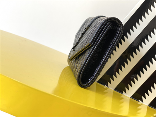 Y.S.L SMALL ENVELOPE WALLET IN MIX MATELASS?? GRAIN DE POUDRE EMBOSSED LEATHER Black Color Black Tone Metal