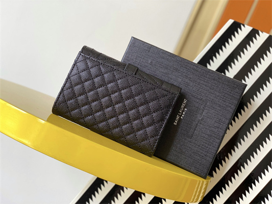 Y.S.L SMALL ENVELOPE WALLET IN MIX MATELASS?? GRAIN DE POUDRE EMBOSSED LEATHER Black Color Gold Tone Metal