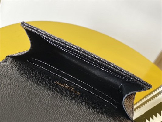 Y.S.L SMALL ENVELOPE WALLET IN MIX MATELASS?? GRAIN DE POUDRE EMBOSSED LEATHER Black Color Gold Tone Metal