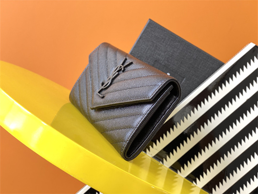 Y.S.L CASSANDRA MATELASS?? LARGE FLAP WALLET IN GRAIN DE POUDRE EMBOSSED LEATHER Black Color Black Tone Metal