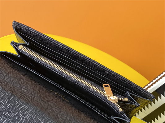 Y.S.L CASSANDRA MATELASS?? LARGE FLAP WALLET IN GRAIN DE POUDRE EMBOSSED LEATHER Black Color Gold Tone Metal