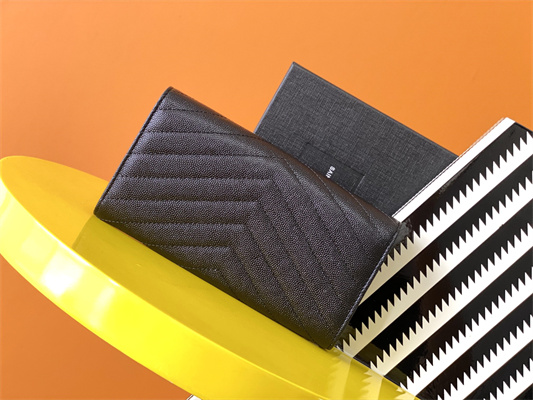 Y.S.L CASSANDRA MATELASS?? LARGE FLAP WALLET IN GRAIN DE POUDRE EMBOSSED LEATHER Black Color Silver Tone Metal