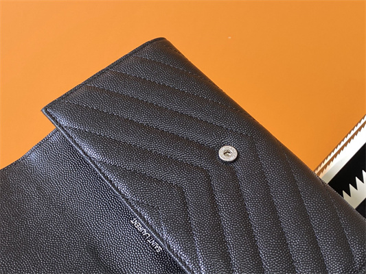 Y.S.L CASSANDRA MATELASS?? LARGE FLAP WALLET IN GRAIN DE POUDRE EMBOSSED LEATHER Black Color Silver Tone Metal