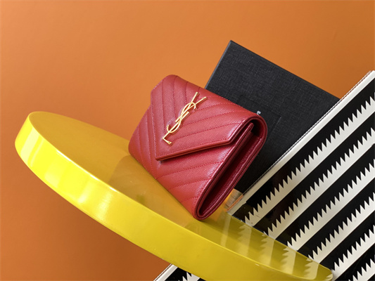Y.S.L CASSANDRA MATELASS?? LARGE FLAP WALLET IN GRAIN DE POUDRE EMBOSSED LEATHER Red Color Gold Tone Metal
