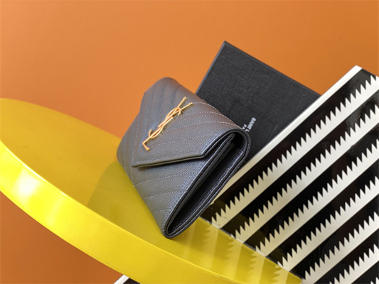 Y.S.L CASSANDRA MATELASS?? LARGE FLAP WALLET IN GRAIN DE POUDRE EMBOSSED LEATHER Grey Color Gold Tone Metal