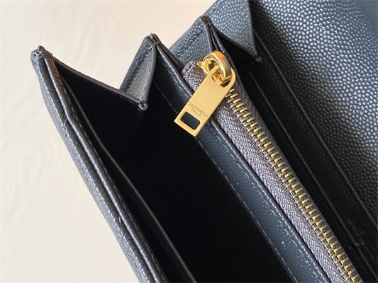 Y.S.L CASSANDRA MATELASS?? LARGE FLAP WALLET IN GRAIN DE POUDRE EMBOSSED LEATHER Grey Color Gold Tone Metal