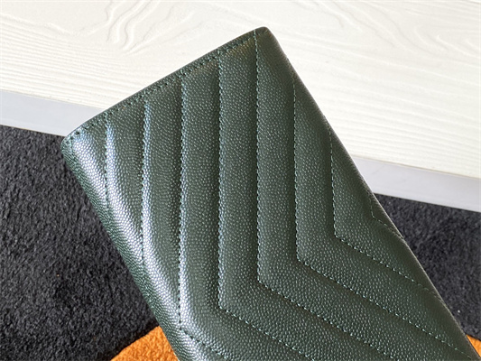 Y.S.L CASSANDRA MATELASS?? LARGE FLAP WALLET IN GRAIN DE POUDRE EMBOSSED LEATHER Dk Green Color Gold Tone Metal