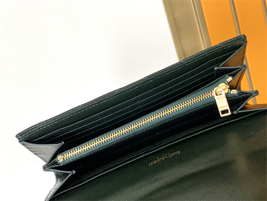 Y.S.L CASSANDRA MATELASS?? LARGE FLAP WALLET IN GRAIN DE POUDRE EMBOSSED LEATHER Dk Green Color Gold Tone Metal