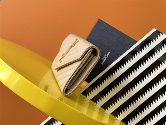 Y.S.L CASSANDRA MATELASS?? LARGE FLAP WALLET IN GRAIN DE POUDRE EMBOSSED LEATHER Beige Color Gold Tone Metal