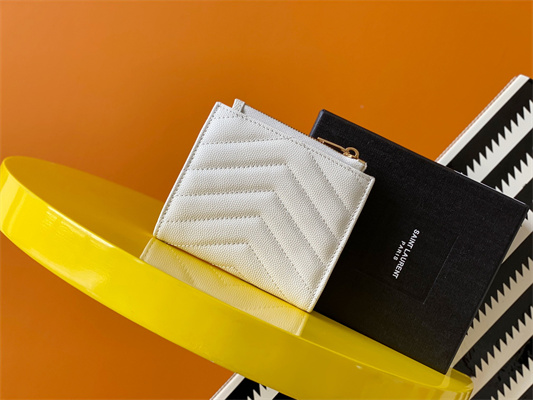 Y.S.L CASSANDRA MATELASS?? BI-FOLD WALLET IN GRAIN DE POUDRE EMBOSSED LEATHER White Color Gold Tone Metal