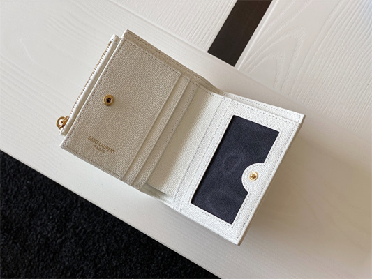 Y.S.L CASSANDRA MATELASS?? BI-FOLD WALLET IN GRAIN DE POUDRE EMBOSSED LEATHER White Color Gold Tone Metal