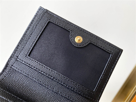 Y.S.L CASSANDRA MATELASS?? BI-FOLD WALLET IN GRAIN DE POUDRE EMBOSSED LEATHER Black Color Gold Tone Metal