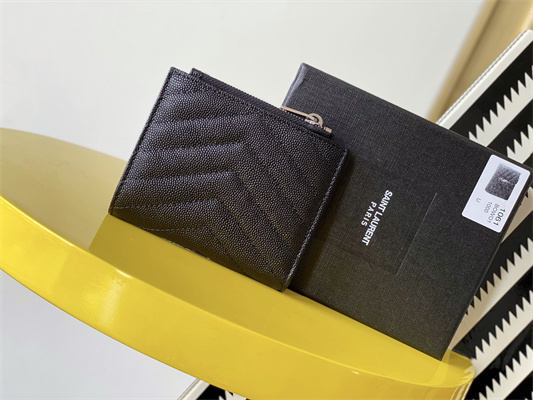 Y.S.L CASSANDRA MATELASS?? BI-FOLD WALLET IN GRAIN DE POUDRE EMBOSSED LEATHER Black Color Silver Tone Metal