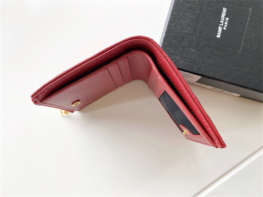 Y.S.L CASSANDRA MATELASS?? BI-FOLD WALLET IN GRAIN DE POUDRE EMBOSSED LEATHER Red Color Gold Tone Metal
