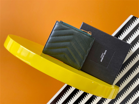 Y.S.L CASSANDRA MATELASS?? BI-FOLD WALLET IN GRAIN DE POUDRE EMBOSSED LEATHER Dk Green Color Gold Tone Metal
