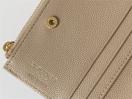 Y.S.L CASSANDRA MATELASS?? BI-FOLD WALLET IN GRAIN DE POUDRE EMBOSSED LEATHER Beige Color Gold Tone Metal