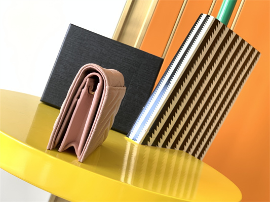 Y.S.L MONOGRAM MATELASS?? WALLET IN GRAIN DE POUDRE EMBOSSED LEATHER Pink Color Gold Tone Metal