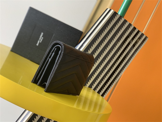 Y.S.L MONOGRAM MATELASS?? WALLET IN GRAIN DE POUDRE EMBOSSED LEATHER Black Color Gold Tone Metal