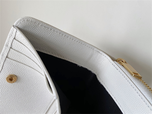 Y.S.L CASSANDRA MATELASS?? COMPACT ZIP AROUND WALLET IN GRAIN DE POUDRE EMBOSSED LEATHER White Color Gold Tone Metal