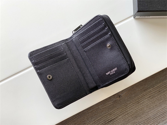 Y.S.L CASSANDRA MATELASS?? COMPACT ZIP AROUND WALLET IN GRAIN DE POUDRE EMBOSSED LEATHER Black Color Black Tone Metal