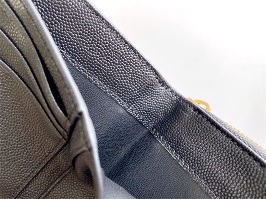 Y.S.L CASSANDRA MATELASS?? COMPACT ZIP AROUND WALLET IN GRAIN DE POUDRE EMBOSSED LEATHER Black Color Gold Tone Metal