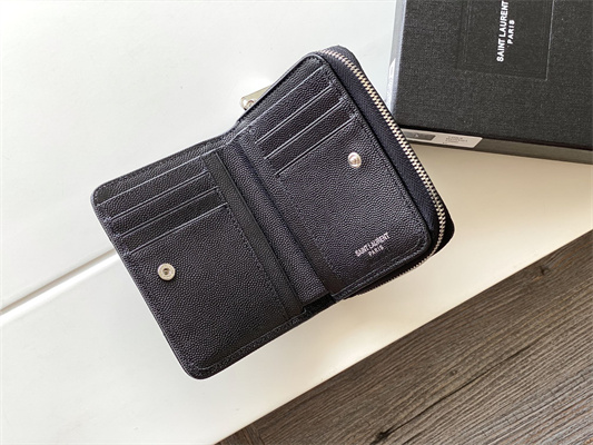 Y.S.L CASSANDRA MATELASS?? COMPACT ZIP AROUND WALLET IN GRAIN DE POUDRE EMBOSSED LEATHER Black Color Silver Tone Metal