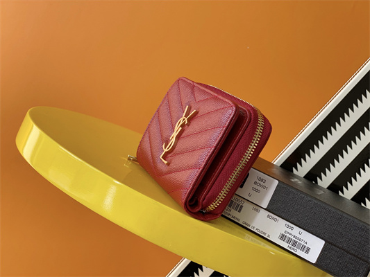 Y.S.L CASSANDRA MATELASS?? COMPACT ZIP AROUND WALLET IN GRAIN DE POUDRE EMBOSSED LEATHER Red Color Gold Tone Metal