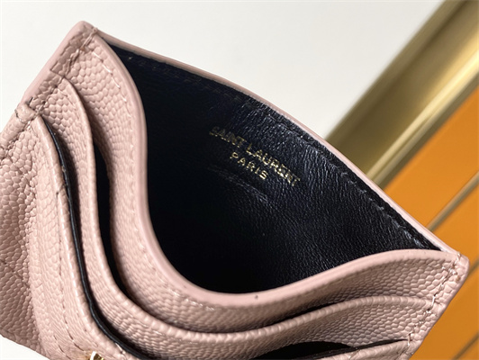 Y.S.L MONOGRAM MATELASS?? CARD CASE IN GRAIN DE POUDRE EMBOSSED LEATHER Pink Color Gold Tone Metal