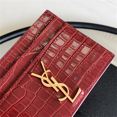 Y.S.L MONOGRAM MATELASS?? CARD CASE IN CROCODILE EMBOSSED LEATHER Red Color Gold Tone Metal