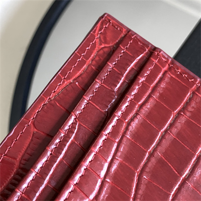 Y.S.L MONOGRAM MATELASS?? CARD CASE IN CROCODILE EMBOSSED LEATHER Red Color Gold Tone Metal