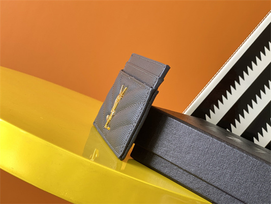 Y.S.L MONOGRAM MATELASS?? CARD CASE IN GRAIN DE POUDRE EMBOSSED LEATHER Grey Color Gold Tone Metal