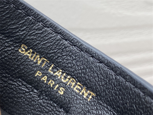Y.S.L MONOGRAM MATELASS?? CARD CASE IN GRAIN DE POUDRE EMBOSSED LEATHER Grey Color Gold Tone Metal