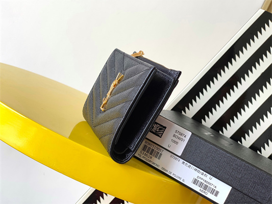 Y.S.L CASSANDRA MATELASS?? ZIP WALLET IN GRAIN DE POUDRE EMBOSSED LEATHER Black Color Gold Tone Metal