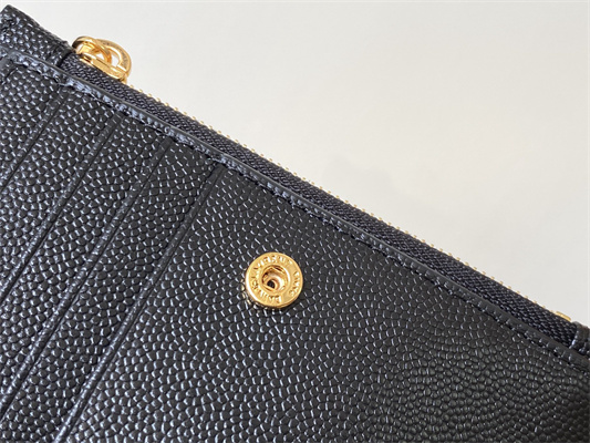 Y.S.L CASSANDRA MATELASS?? ZIP WALLET IN GRAIN DE POUDRE EMBOSSED LEATHER Black Color Gold Tone Metal