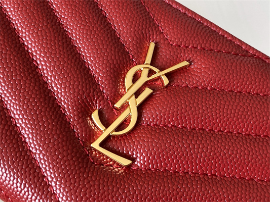 Y.S.L CASSANDRA MATELASS?? ZIP WALLET IN GRAIN DE POUDRE EMBOSSED LEATHER Red Color Gold Tone Metal