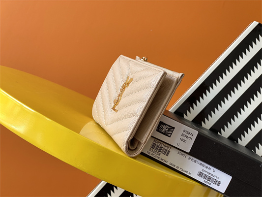 Y.S.L CASSANDRA MATELASS?? ZIP WALLET IN GRAIN DE POUDRE EMBOSSED LEATHER Beige Color Gold Tone Metal