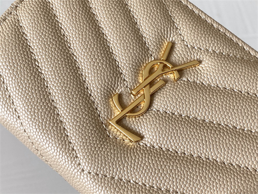 Y.S.L CASSANDRA MATELASS?? ZIP WALLET IN GRAIN DE POUDRE EMBOSSED LEATHER Beige Color Gold Tone Metal