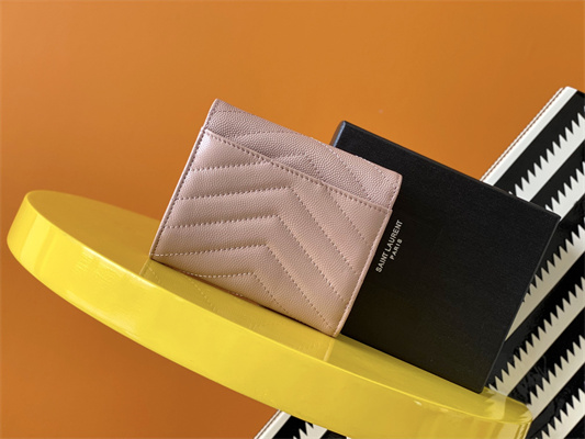 Y.S.L CASSANDRA MATELASS?? COMPACT TRI FOLD WALLET IN GRAIN DE POUDRE EMBOSSED LEATHER Pink Color Gold Tone Metal