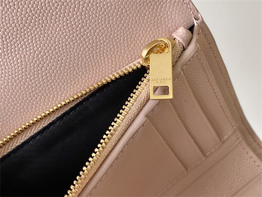 Y.S.L CASSANDRA MATELASS?? COMPACT TRI FOLD WALLET IN GRAIN DE POUDRE EMBOSSED LEATHER Pink Color Gold Tone Metal