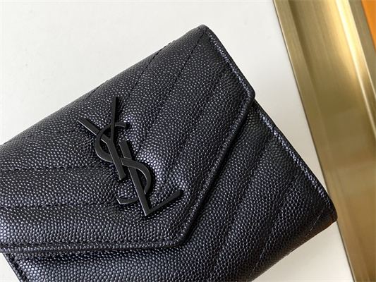 Y.S.L CASSANDRA MATELASS?? COMPACT TRI FOLD WALLET IN GRAIN DE POUDRE EMBOSSED LEATHER Black Color Black Tone Metal