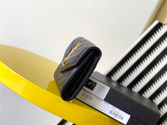 Y.S.L CASSANDRA MATELASS?? COMPACT TRI FOLD WALLET IN GRAIN DE POUDRE EMBOSSED LEATHER Black Color Gold Tone Metal