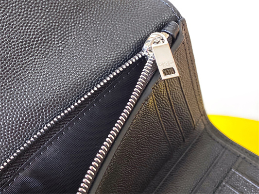 Y.S.L CASSANDRA MATELASS?? COMPACT TRI FOLD WALLET IN GRAIN DE POUDRE EMBOSSED LEATHER Black Color Silver Tone Metal