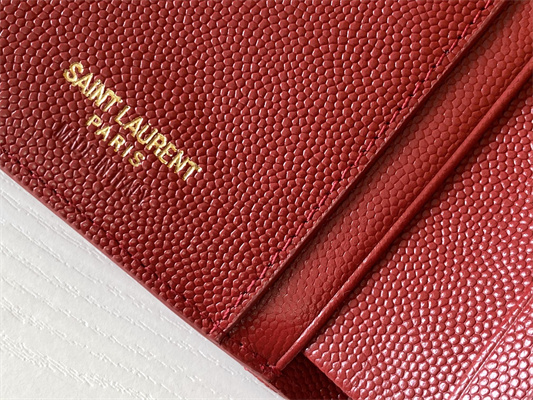 Y.S.L CASSANDRA MATELASS?? COMPACT TRI FOLD WALLET IN GRAIN DE POUDRE EMBOSSED LEATHER Red Color Gold Tone Metal