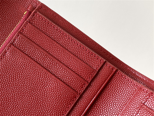 Y.S.L CASSANDRA MATELASS?? COMPACT TRI FOLD WALLET IN GRAIN DE POUDRE EMBOSSED LEATHER Red Color Gold Tone Metal