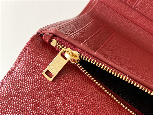 Y.S.L CASSANDRA MATELASS?? COMPACT TRI FOLD WALLET IN GRAIN DE POUDRE EMBOSSED LEATHER Red Color Gold Tone Metal