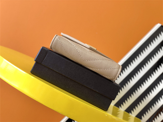 Y.S.L CASSANDRA MATELASS?? COMPACT TRI FOLD WALLET IN GRAIN DE POUDRE EMBOSSED LEATHER Beige Color Gold Tone Metal