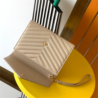 Y.S.L CASSANDRA MATELASS?? FLAP POUCH IN GRAIN DE POUDRE EMBOSSED LEATHER Beige Color Gold Tone Metal